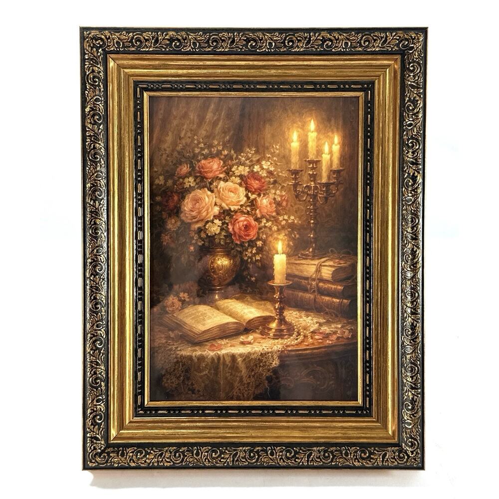 Floral Still Life Print Candles Roses 5x7 Ornate Gold Black Frame 7x9 Decor - Picture 3 of 7